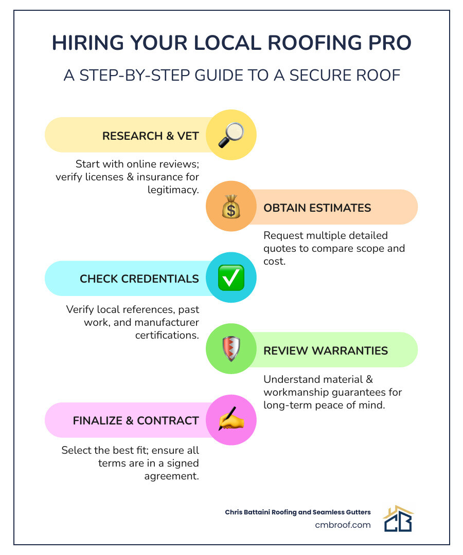 Infographic showing the step-by-step process of hiring a local roofing contractor, including initial research and online reviews, verifying licenses and insurance, requesting multiple detailed estimates, checking local references and past work, confirming manufacturer certifications, reviewing warranty options, and final contractor selection with signed contract - local roofing contractors near me infographic infographic-line-5-steps-colors Infographic showing the step-by-step process of hiring a local roofing contractor, including initial research and online reviews, verifying licenses and insurance, requesting multiple detailed estimates, checking local references and past work, confirming manufacturer certifications, reviewing warranty options, and final contractor selection with signed contract - local roofing contractors near me infographic infographic-line-5-steps-colors