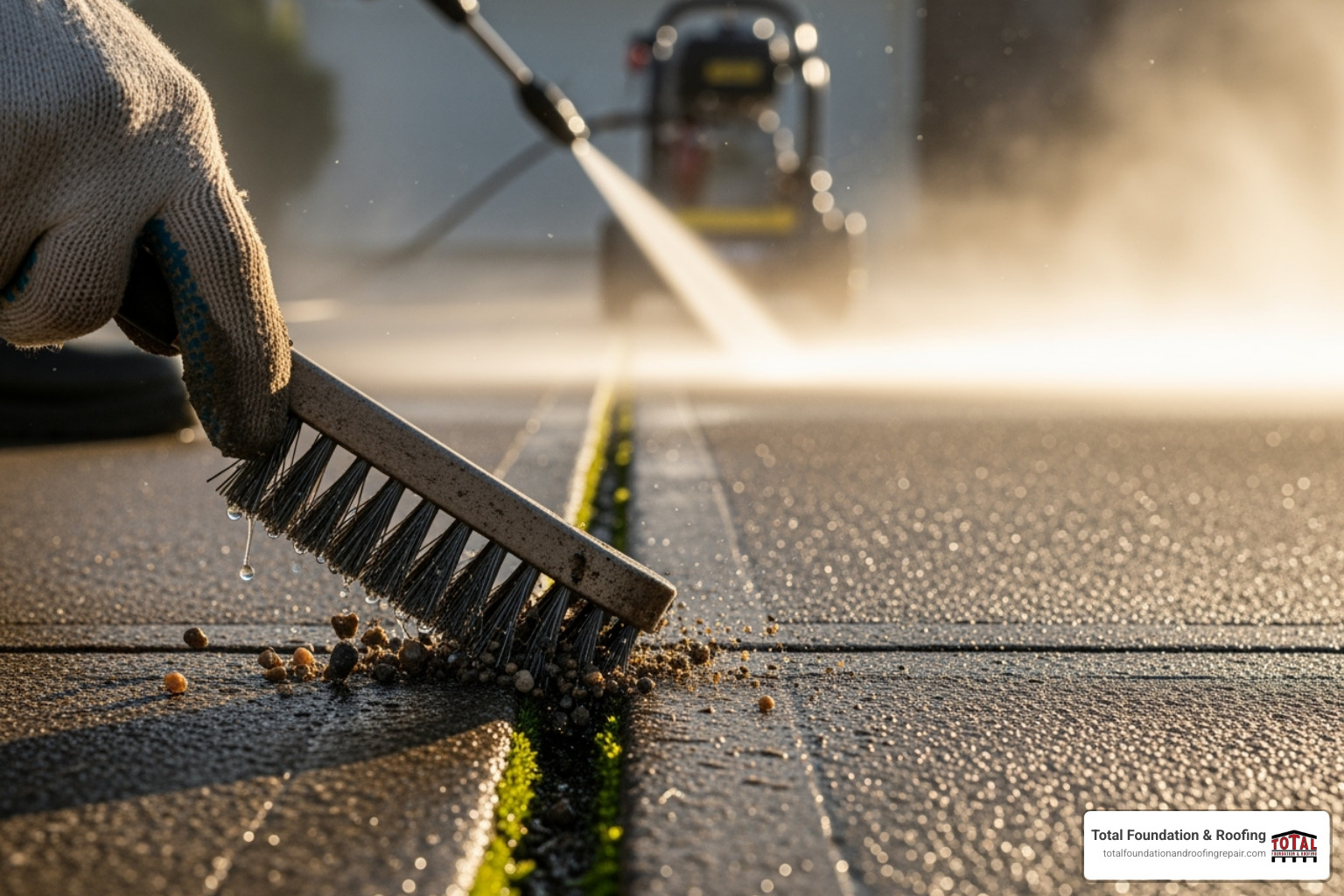 cleaning a crack with a wire brush and pressure washer - patching concrete driveway