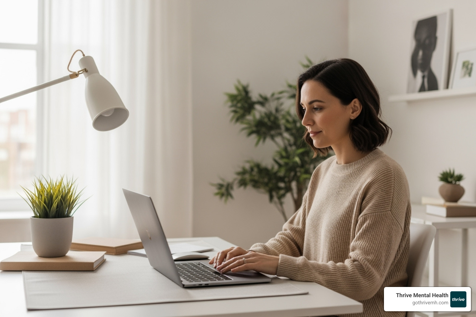 A serene image of a woman using a laptop in a well-lit home office, engaged in a video call, representing virtual therapy. - online therapy options