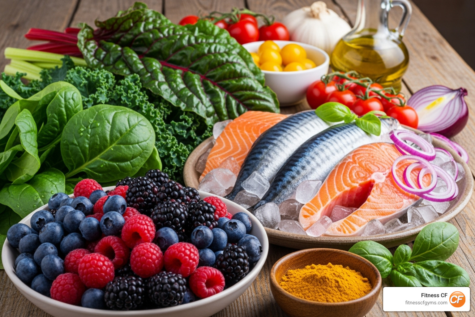 A variety of colorful, anti-inflammatory foods like berries, leafy greens, and fatty fish, emphasizing the role of diet in pain management - how to ease body pain