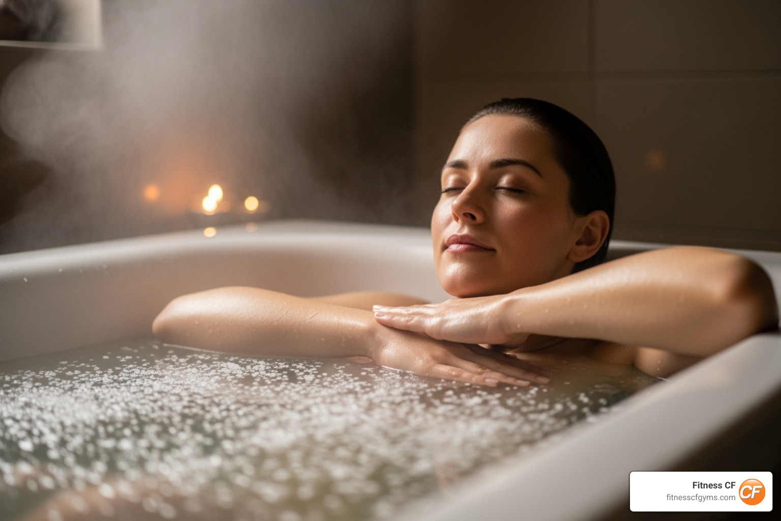 A person relaxing in a warm bath with Epsom salts, illustrating a simple home remedy for muscle pain - how to ease body pain