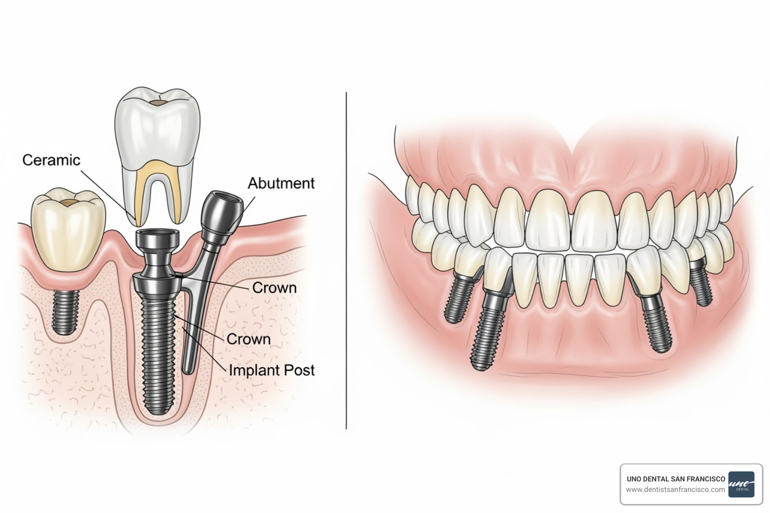 Diagram illustrating a single tooth implant compared to an All-on-4 full arch dental implant system - Dental Implant Cost SF Diagram illustrating a single tooth implant compared to an All-on-4 full arch dental implant system - Dental Implant Cost SF