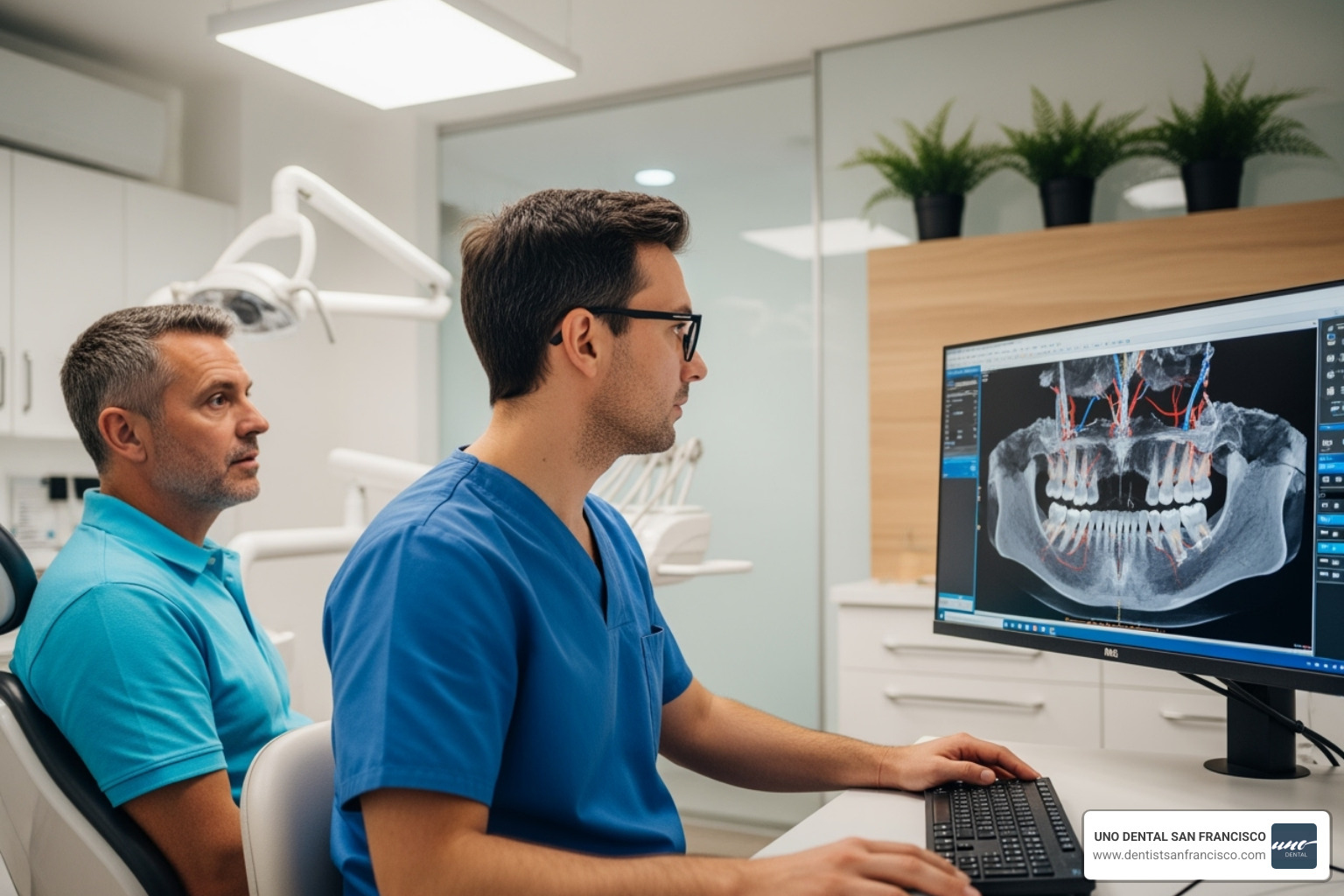 Dental professional reviewing 3D CT scan with patient - Dental Implant Cost SF Dental professional reviewing 3D CT scan with patient - Dental Implant Cost SF