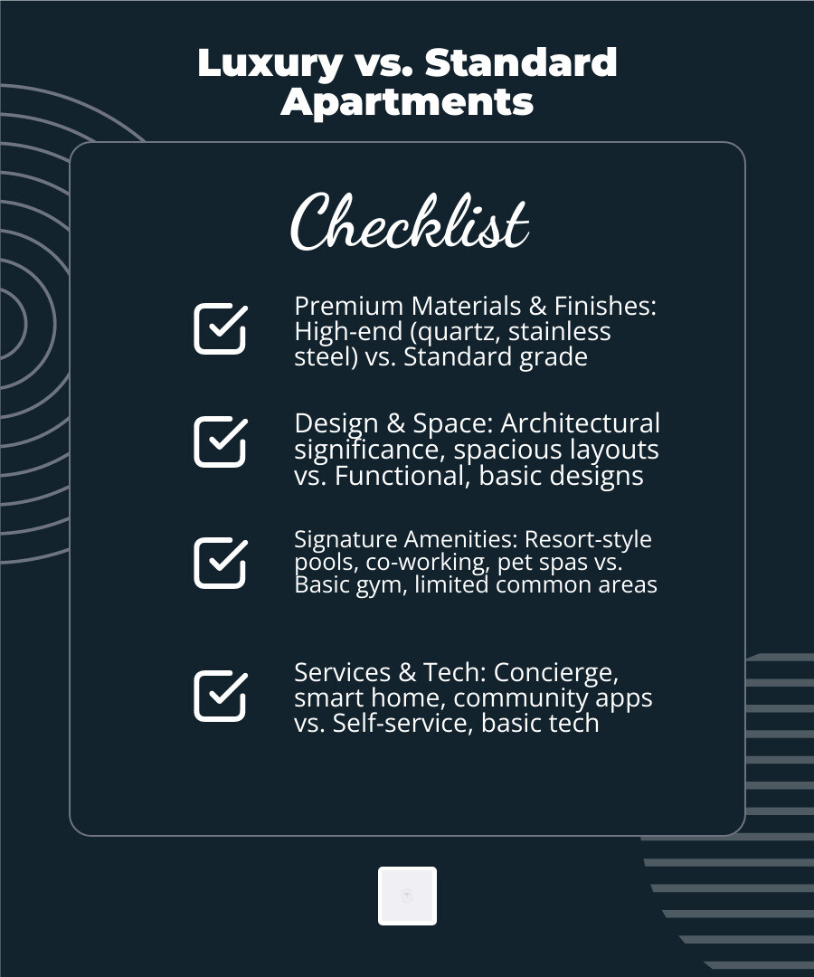 Infographic showing key differences between standard and luxury apartments - California luxury apartments infographic checklist-dark-blue