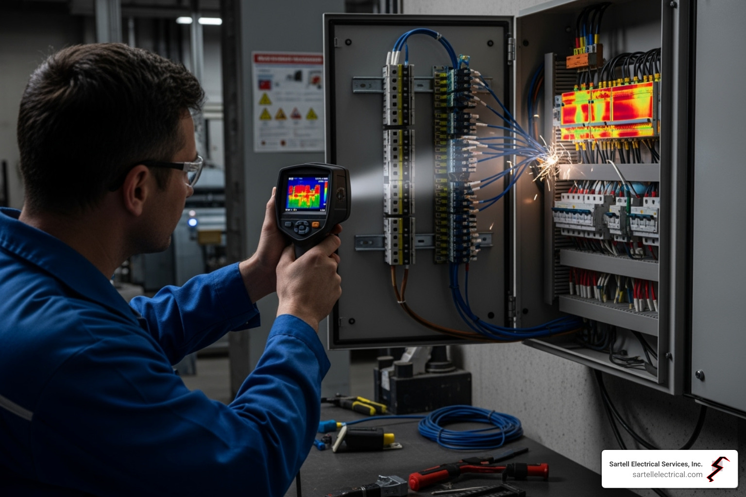 technician using a thermal imaging camera on an electrical panel - machine electrical repair technician using a thermal imaging camera on an electrical panel - machine electrical repair