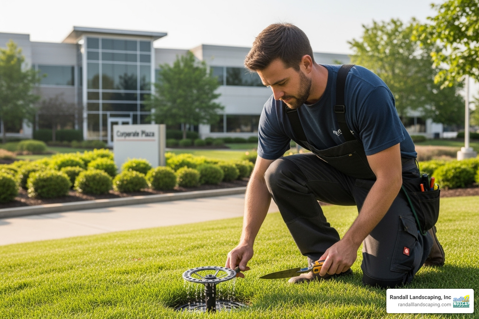 A landscaper inspecting an irrigation head - commercial landscape maintenance