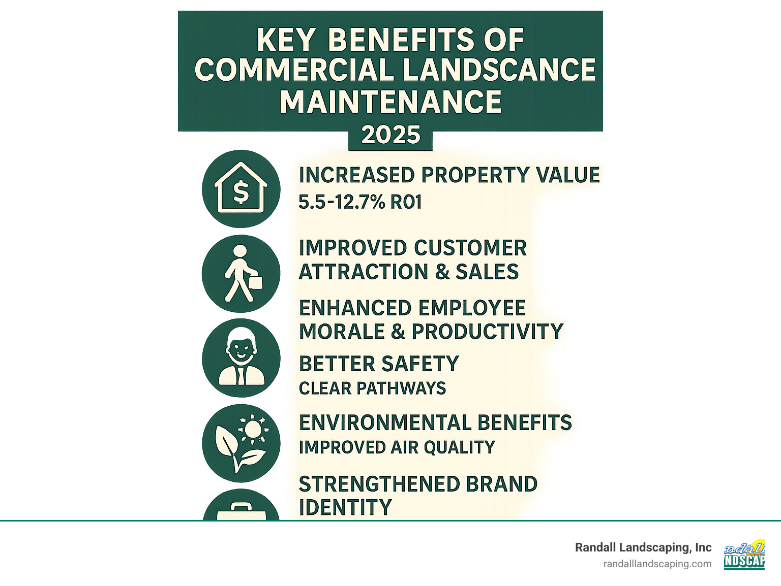 Infographic showing the key benefits of commercial landscape maintenance including increased property value by 5.5-12.7% ROI, improved customer attraction and sales, improved employee morale and productivity, better safety through clear pathways, environmental benefits like improved air quality, and strengthened brand identity through professional appearance - commercial landscape maintenance infographic 