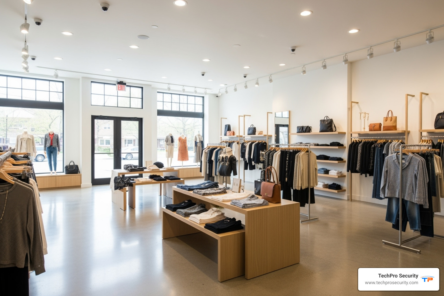 clean, professional retail store interior with discreetly placed security cameras - Business security cameras Miami