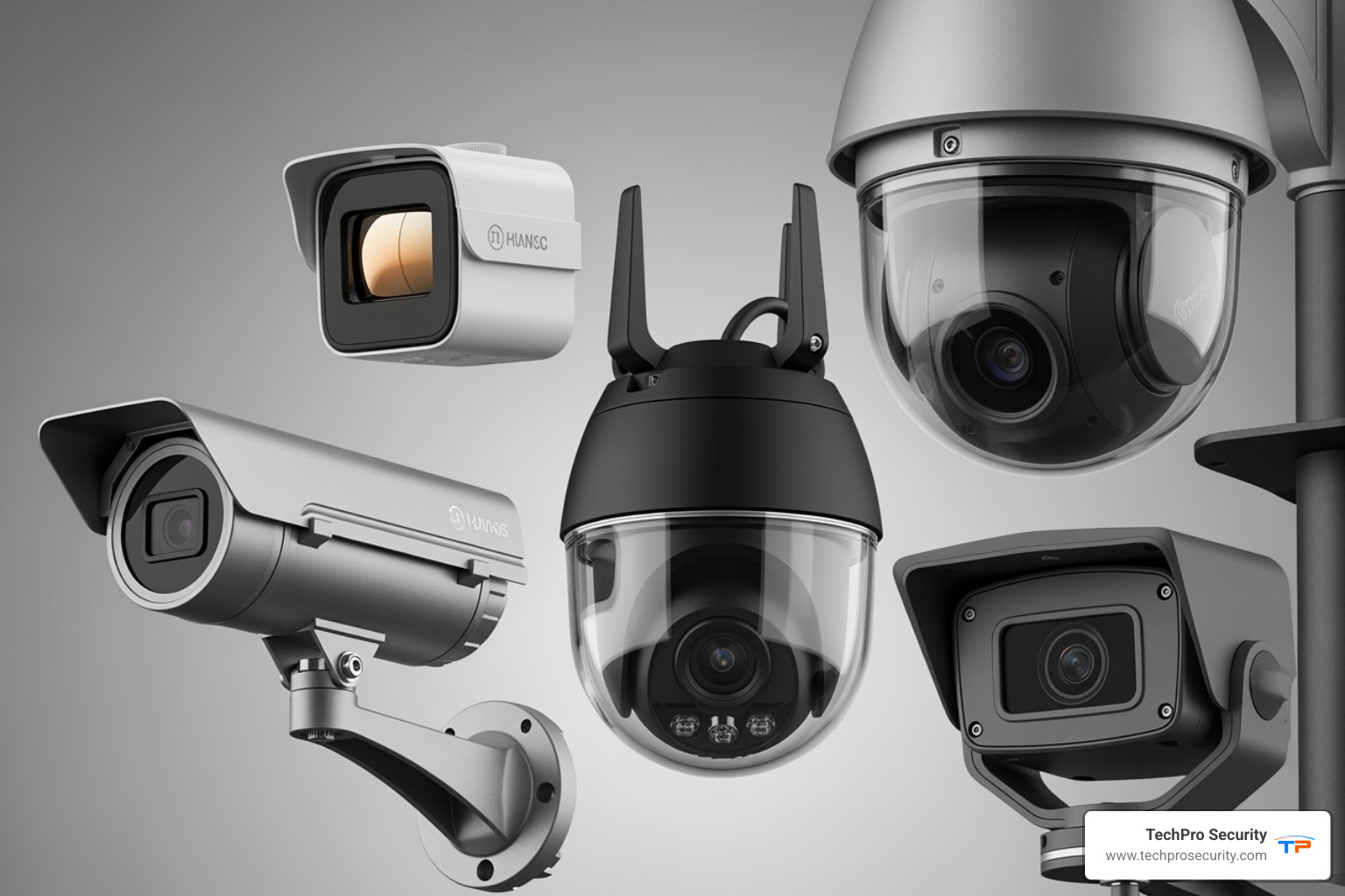 different types of modern security cameras like dome, bullet, PTZ, and thermal - Business security cameras Miami