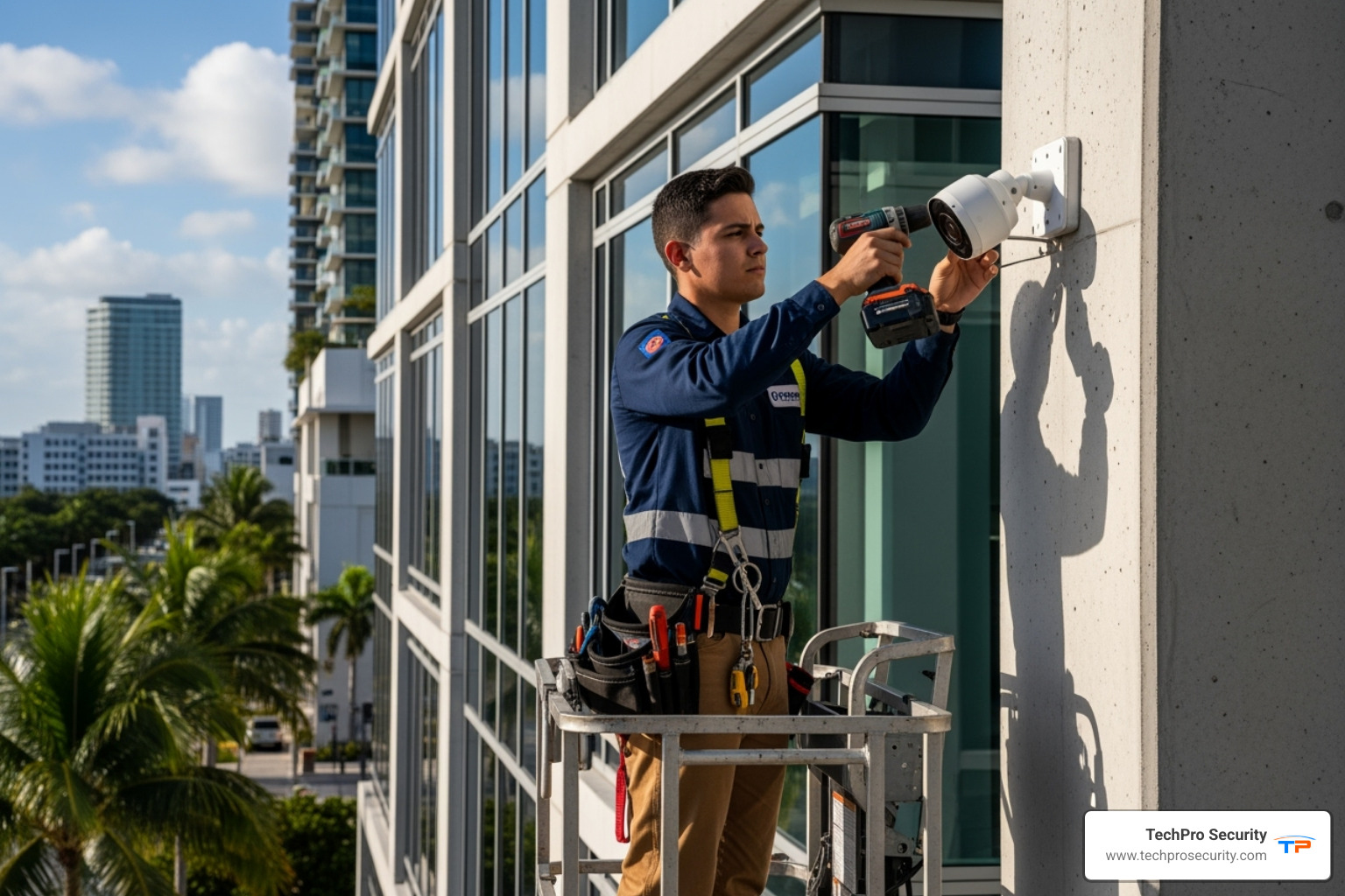 security technician professionally installing a camera on a commercial building in Miami - Business security cameras Miami