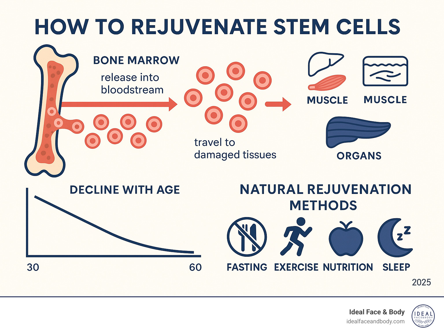 Infographic showing stem cells in bone marrow releasing into bloodstream, traveling to damaged tissues like skin, muscle, and organs, with age-related decline graph and natural rejuvenation methods including fasting, exercise, nutrition, and sleep - how to refresh stem cells infographic 