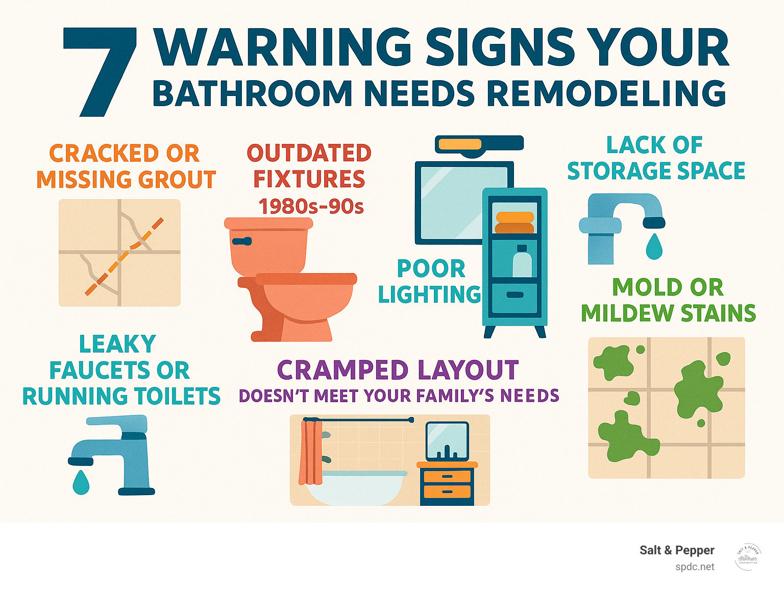 Infographic showing 7 warning signs your bathroom needs remodeling: cracked or missing grout, outdated fixtures from the 1980s-90s, poor lighting, lack of storage space, leaky faucets or running toilets, mold or mildew stains, cramped layout that doesn't meet your family's needs - bathroom remodel clearwater fl infographic Infographic showing 7 warning signs your bathroom needs remodeling: cracked or missing grout, outdated fixtures from the 1980s-90s, poor lighting, lack of storage space, leaky faucets or running toilets, mold or mildew stains, cramped layout that doesn't meet your family's needs - bathroom remodel clearwater fl infographic