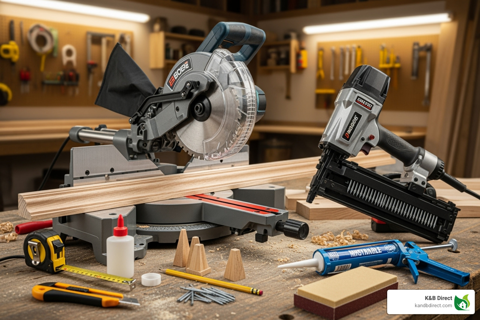 tools for moulding installation like a miter saw and nail gun - wood cap moulding