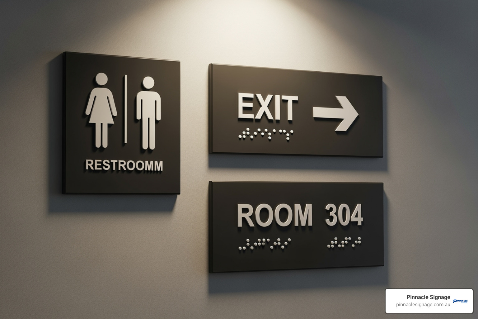 A collection of essential tactile signs, including toilet, exit, and room number signs, displayed clearly with Braille and raised text. - buy tactile signs online