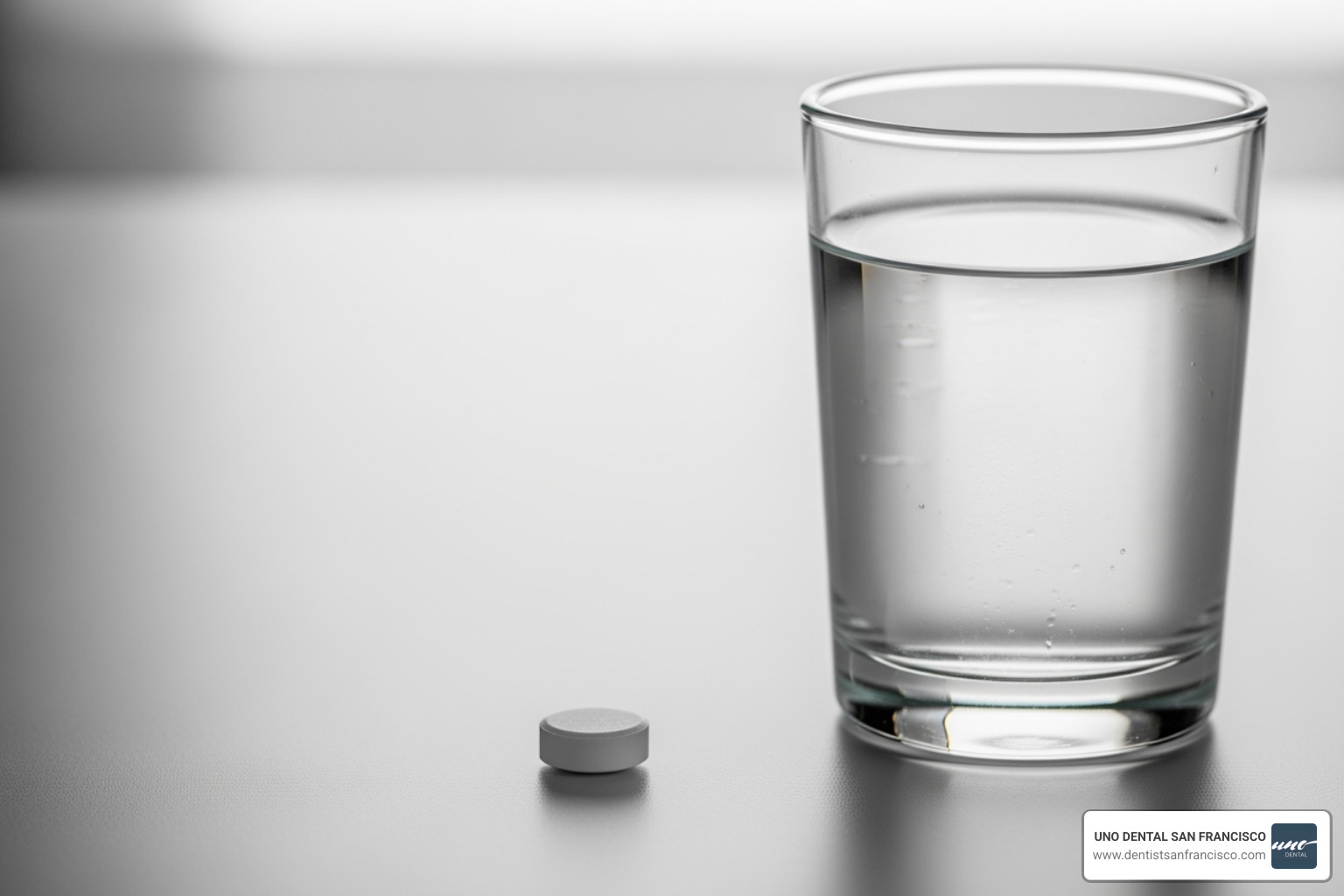 A single sedative pill next to a glass of water - Conscious Sedation Dentistry