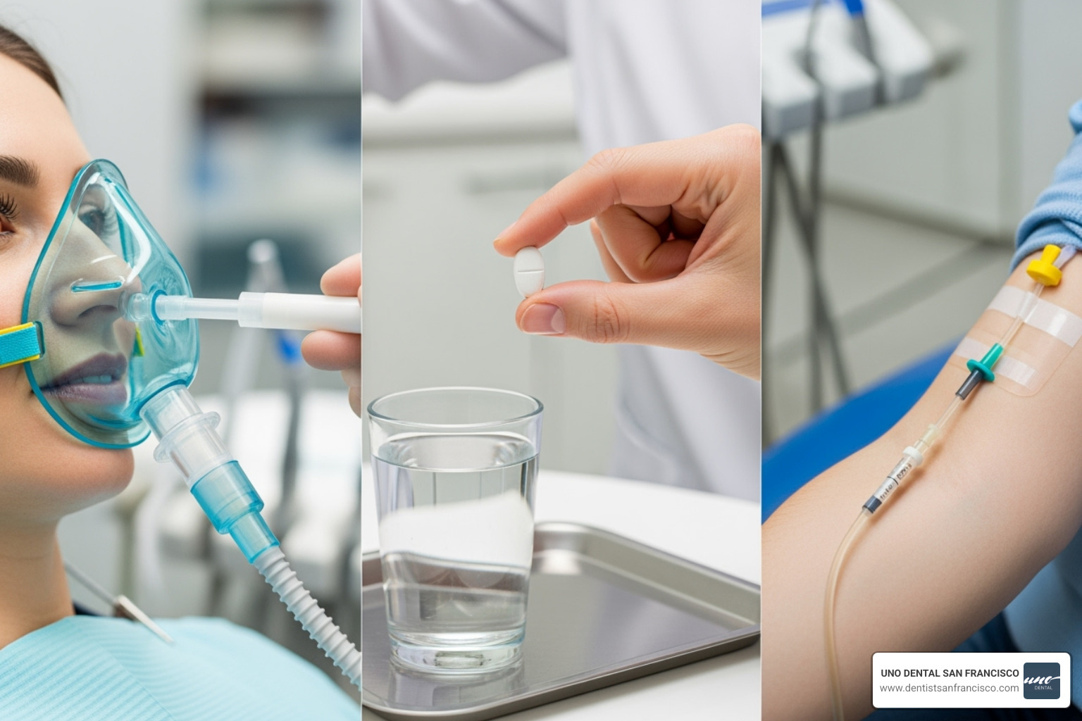 Image of the different sedation methods (nasal mask for nitrous, pill for oral, IV line for intravenous) - Conscious Sedation Dentistry