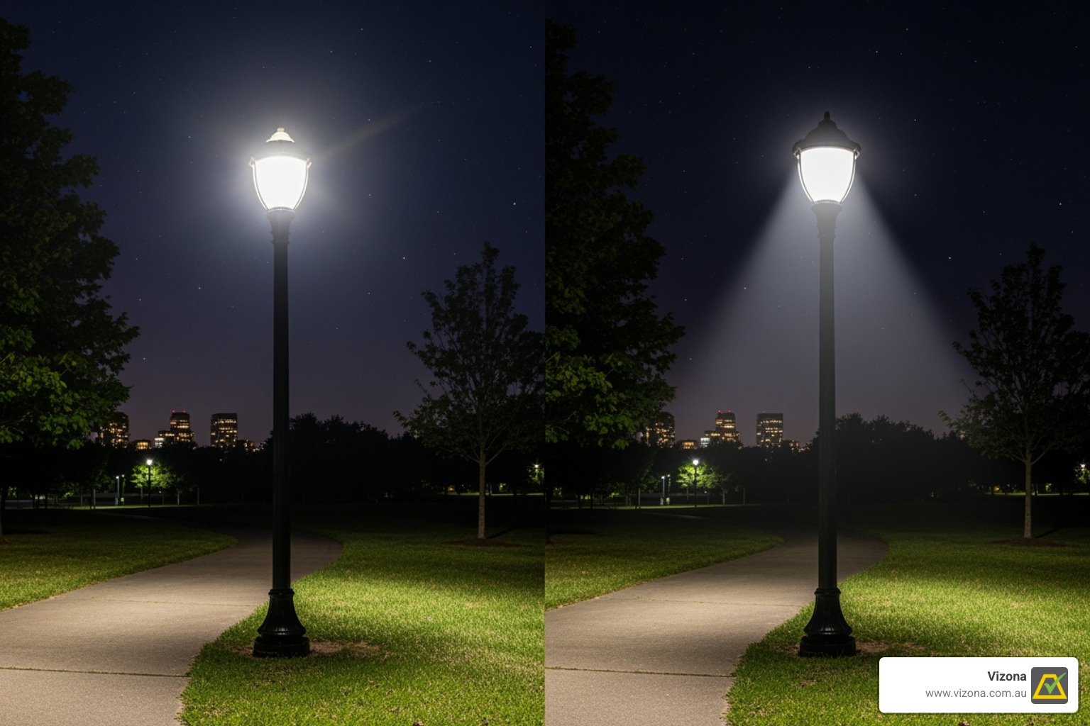 Image comparing a glaring light with a Dark Sky compliant shielded light.