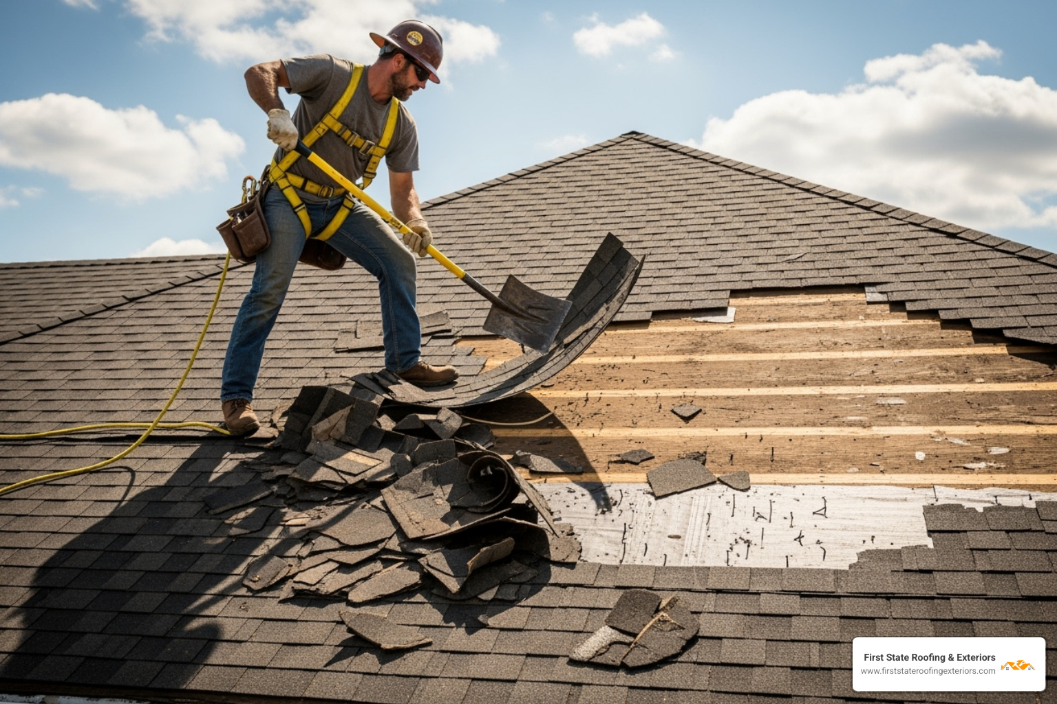 Roofer tearing off old shingles from a roof - 1500 sq ft roof cost