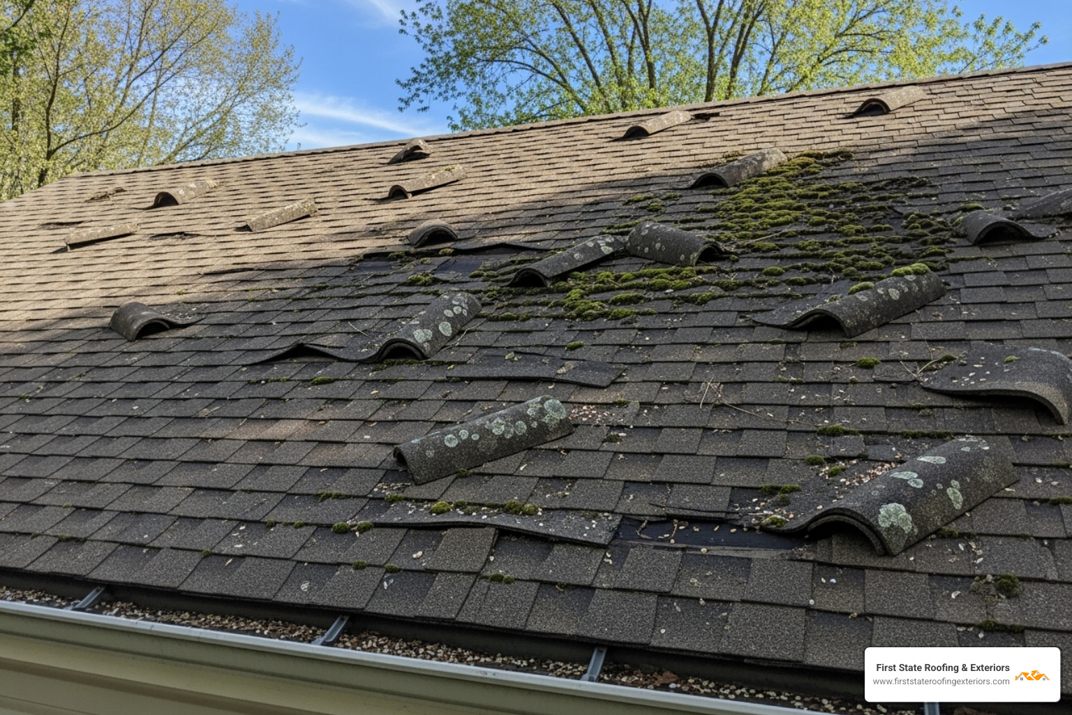 Roof with visible damage like curling shingles and moss growth - 1500 sq ft roof cost