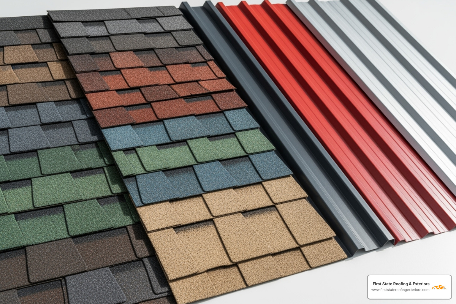 Various roofing material samples like asphalt shingles and metal panels - 1500 sq ft roof cost