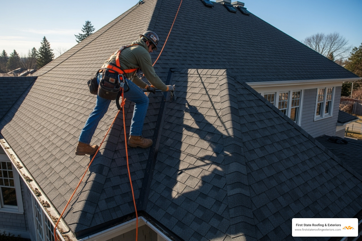 Roofer wearing a safety harness on a steep roof - 1500 sq ft roof cost