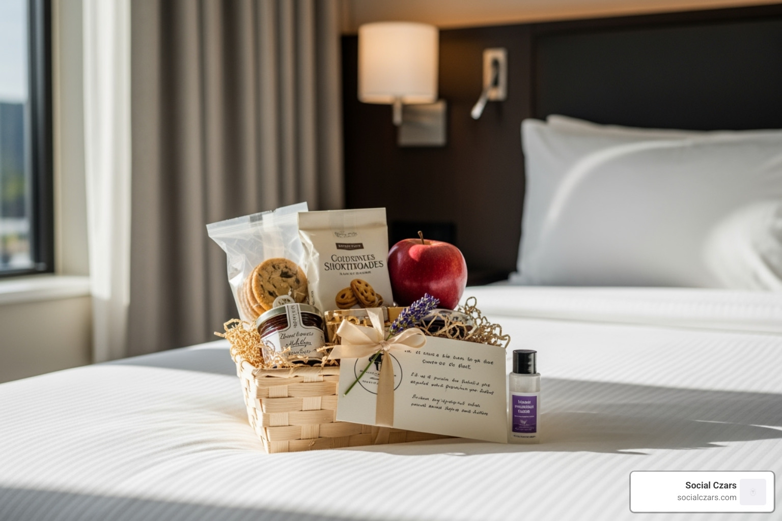 welcome gift package in a hotel room - hotel direct booking strategies