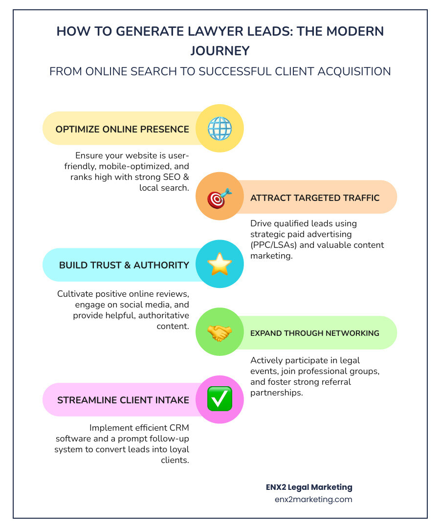 Comprehensive infographic showing the modern legal client journey from initial online search through consultation booking, including key touchpoints like website visits, review reading, and contact form submissions - how to generate lawyer leads infographic infographic-line-5-steps-colors