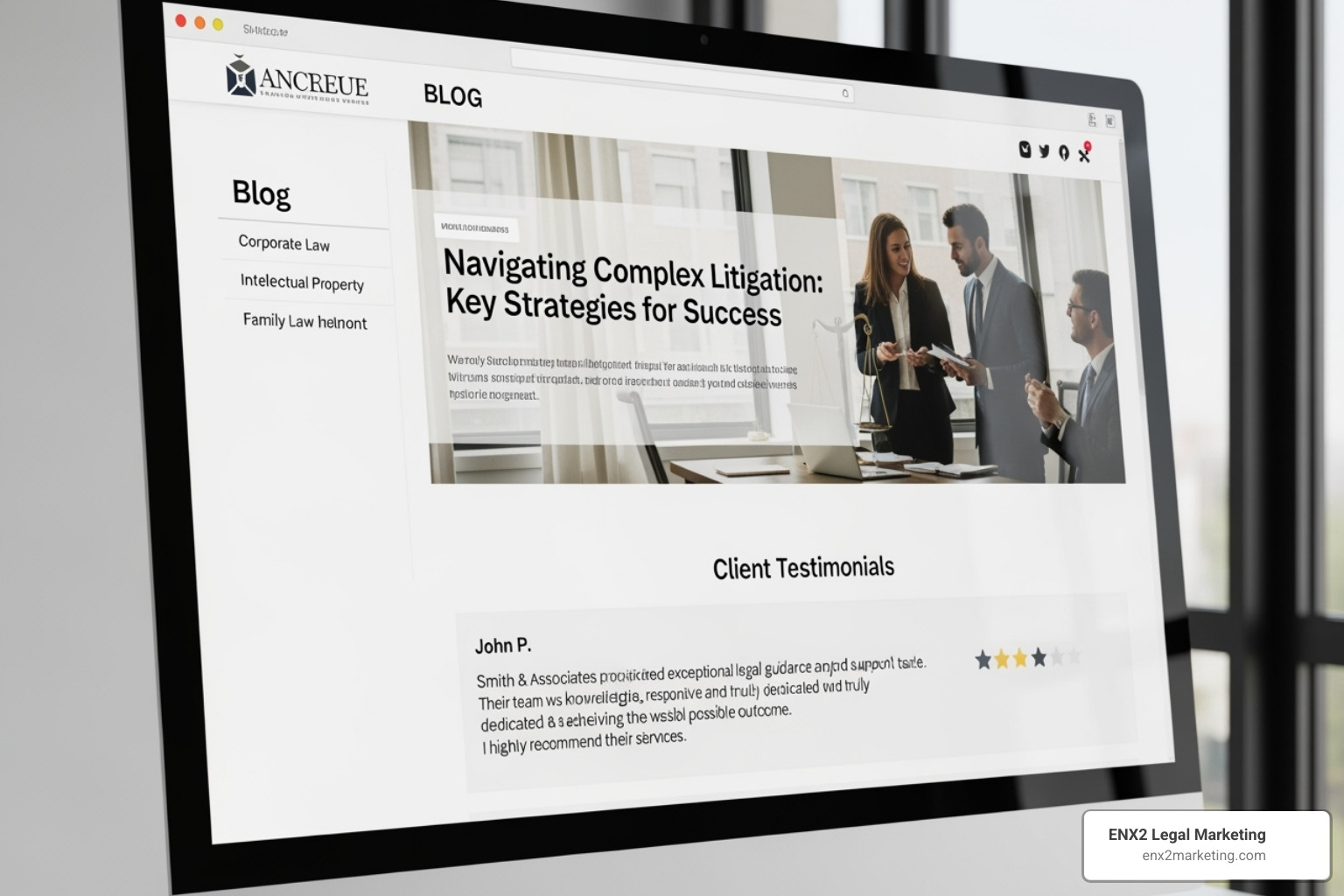 Law firm blog page with a featured article and a highlighted positive client review. - how to generate lawyer leads