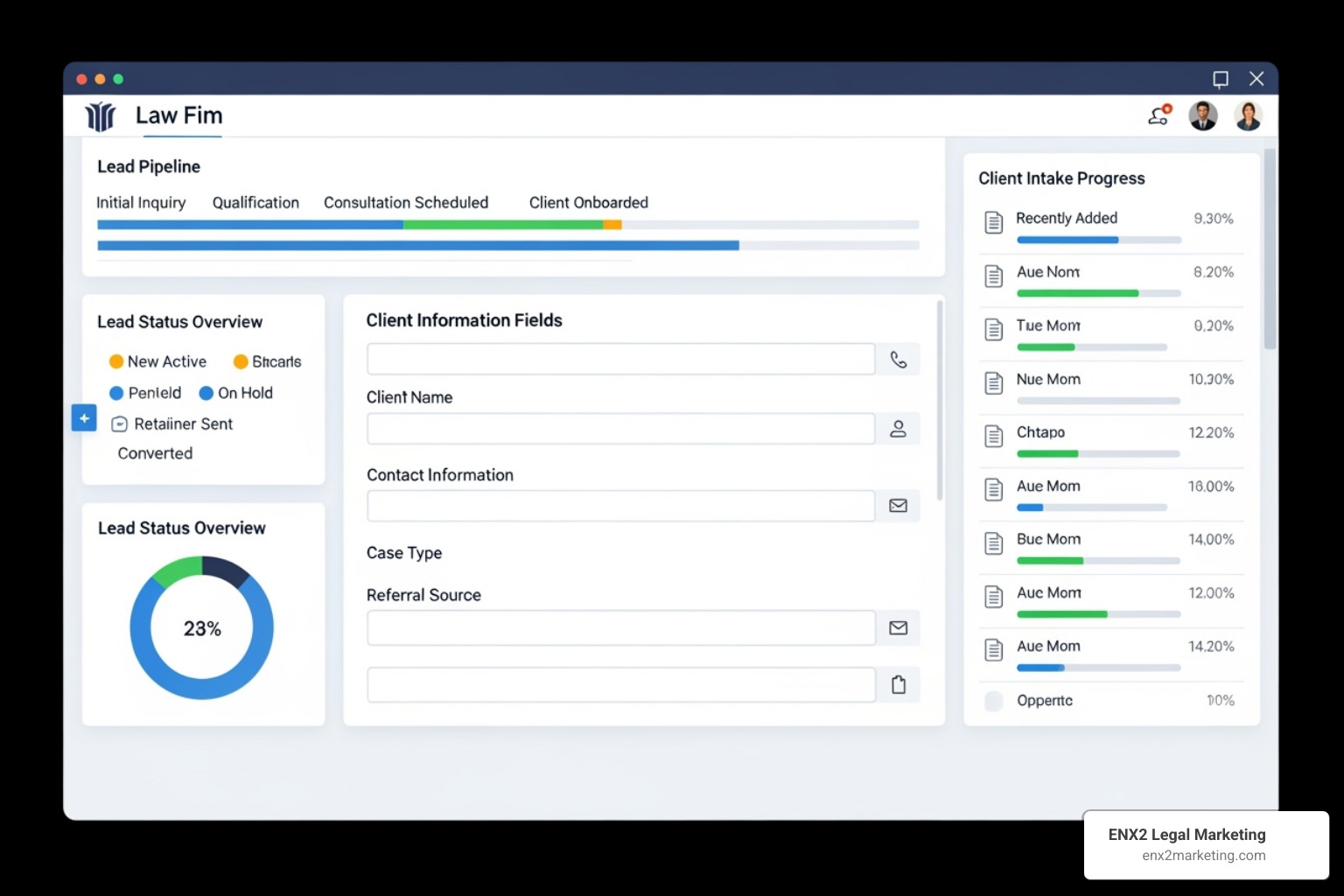 CRM dashboard showing a law firm's lead pipeline and client intake process. - how to generate lawyer leads