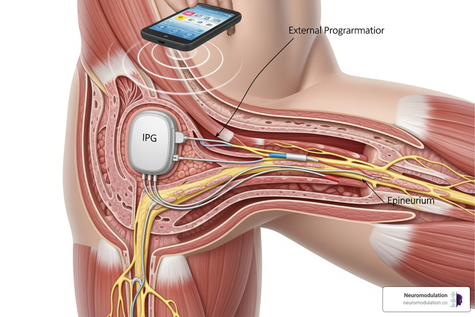 Detailed diagram illustrating the internal and external components of a modern peripheral nerve stimulator device, including the leads, pulse generator, and external programmer, showing their placement relative to a peripheral nerve - does medicare cover peripheral nerve stimulators Detailed diagram illustrating the internal and external components of a modern peripheral nerve stimulator device, including the leads, pulse generator, and external programmer, showing their placement relative to a peripheral nerve - does medicare cover peripheral nerve stimulators