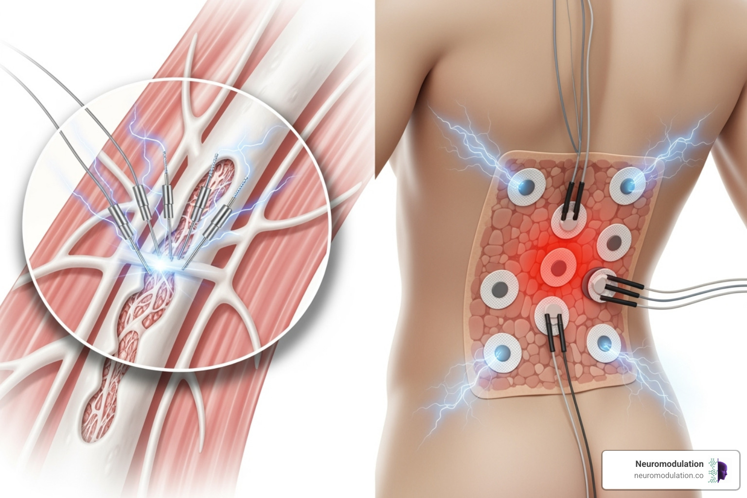 Diagram comparing targeted peripheral nerve stimulation (PNS) with broader peripheral nerve field stimulation (PNFS), showing the difference in lead placement relative to specific nerves versus a general painful area - does medicare cover peripheral nerve stimulators Diagram comparing targeted peripheral nerve stimulation (PNS) with broader peripheral nerve field stimulation (PNFS), showing the difference in lead placement relative to specific nerves versus a general painful area - does medicare cover peripheral nerve stimulators