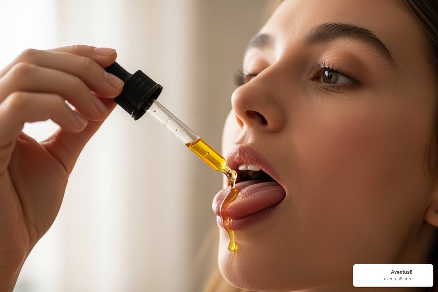 person holding a CBD dropper under their tongue - cbd drops