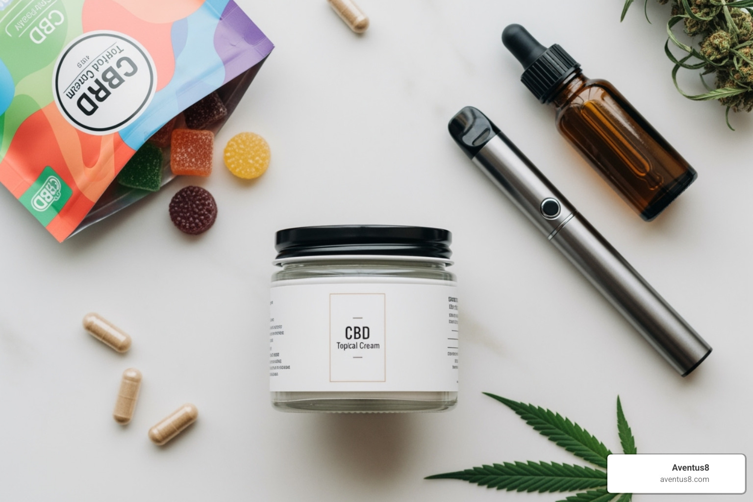 variety of CBD products like edibles, vapes, and topicals - cbd drops