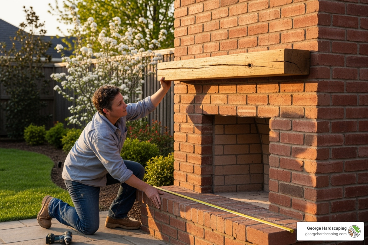 homeowner adding wooden mantel - how to build outdoor fireplace with bricks