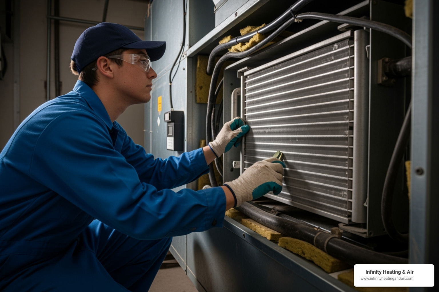 Person carefully accessing and cleaning indoor evaporator coils - AC coil cleaning