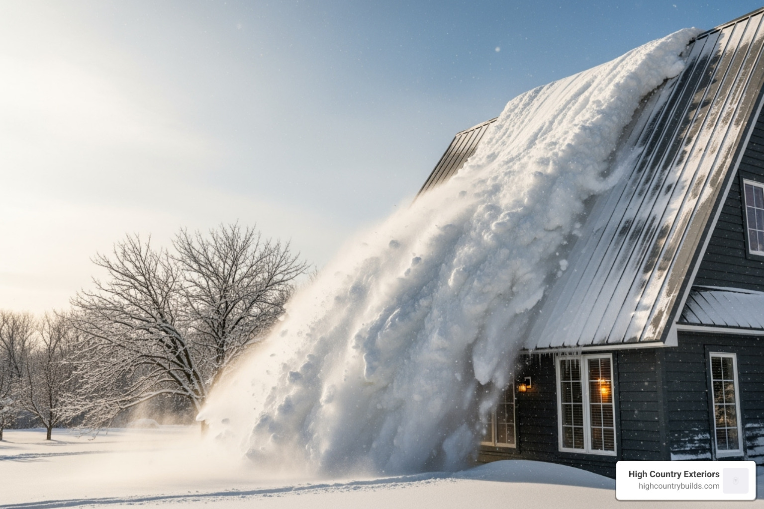 Snow sliding off a metal roof in winter - Metal roofing Idaho Falls
