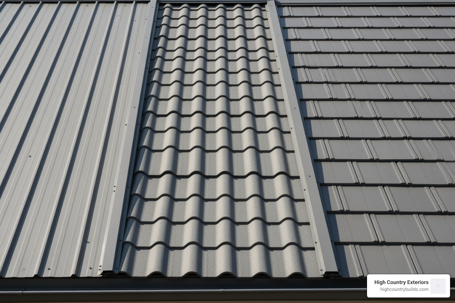Different metal roof profiles including standing seam, corrugated, and metal shingles - Metal roofing Idaho Falls