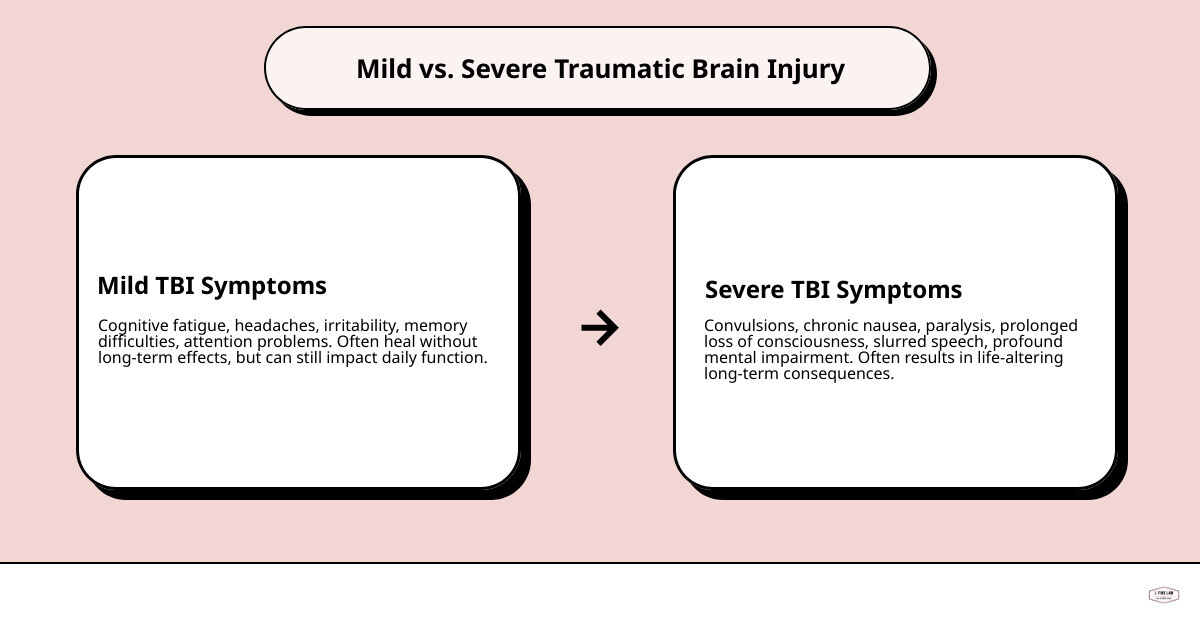 Infografía completa que muestra la distinción entre síntomas de lesión cerebral traumática leve y grave, incluidos los efectos cognitivos como problemas de memoria y dificultades de atención para una lesión cerebral traumática leve, frente a síntomas graves como convulsiones, náuseas crónicas y parálisis para una lesión cerebral traumática grave, con representaciones visuales de escáneres cerebrales y cause_effect_text líneas de tiempo de recuperación.