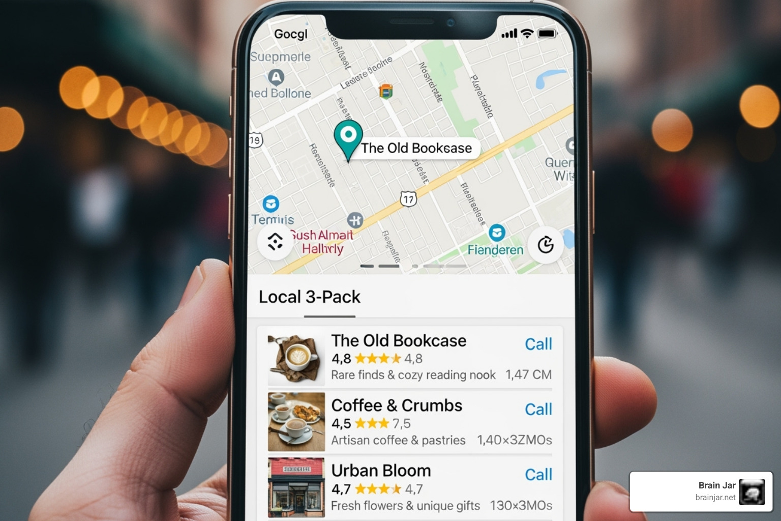 of a smartphone showing a local map with a business pin highlighted in the "local 3-pack" - seo agency for small businesses