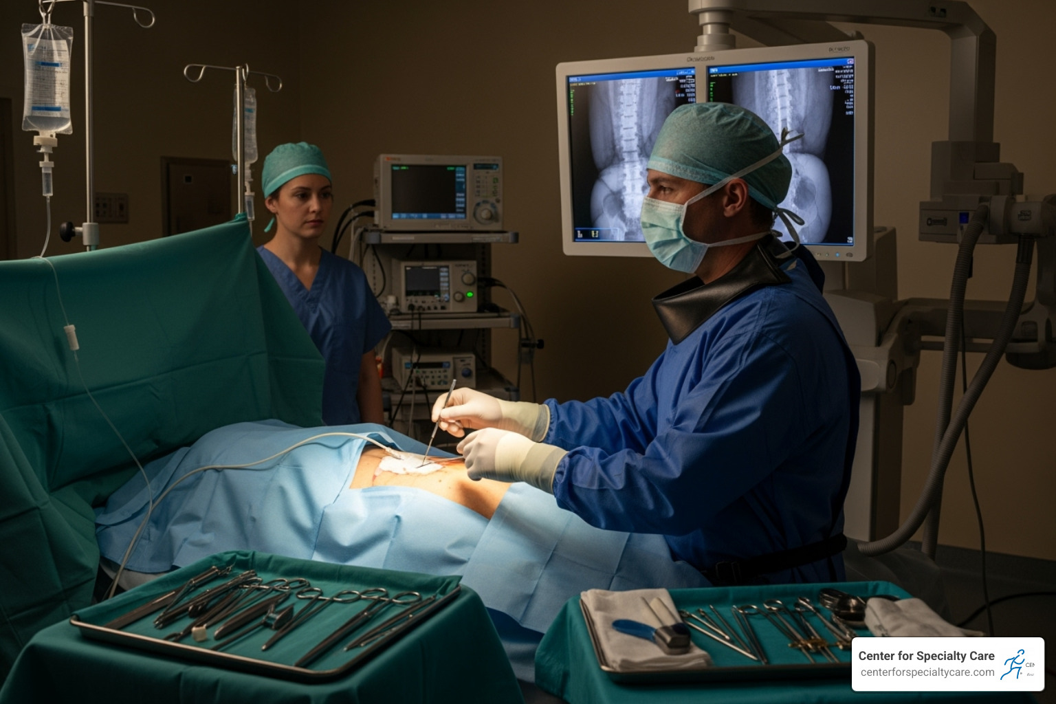 A physician using fluoroscopy to guide a needle into the spine during a medical procedure - intracept procedure