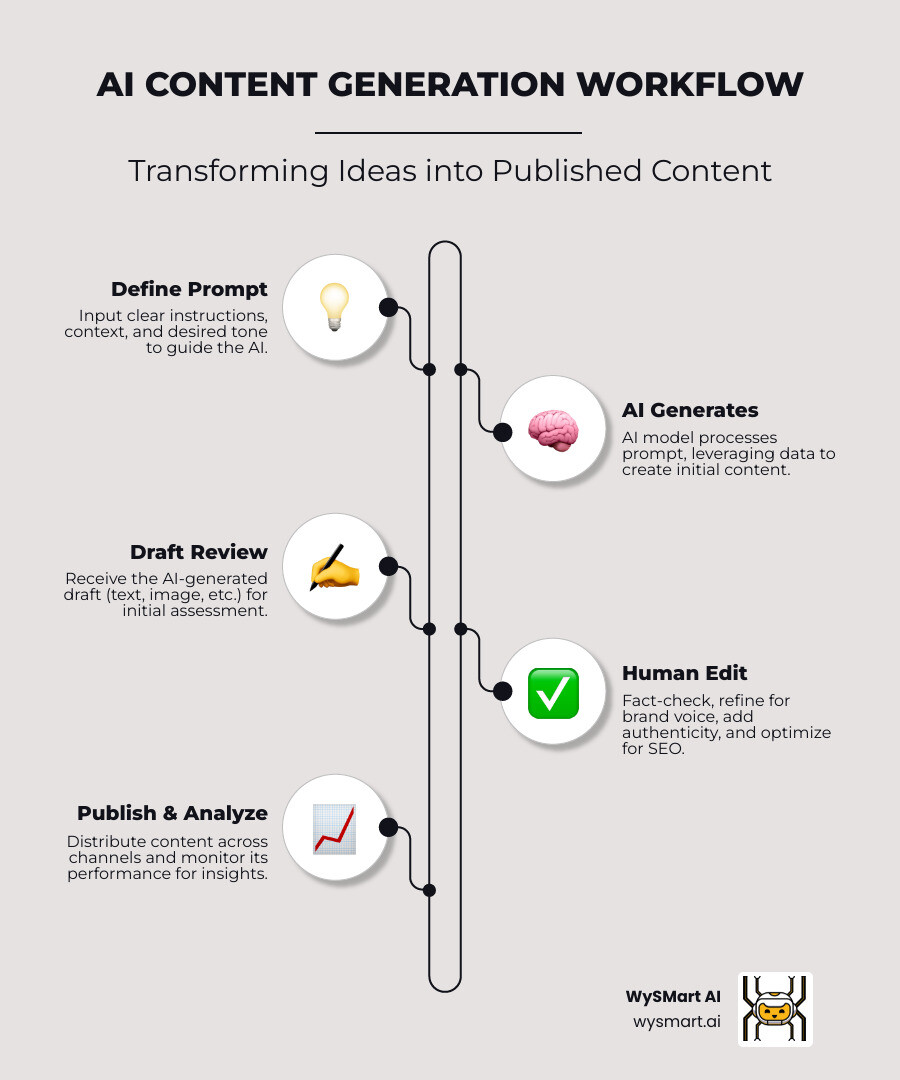 Comprehensive AI content generation workflow showing prompt input, AI processing, content creation, human editing, and multi-channel publishing with analytics feedback loop - AI content generation infographic infographic-line-5-steps-neat_beige Comprehensive AI content generation workflow showing prompt input, AI processing, content creation, human editing, and multi-channel publishing with analytics feedback loop - AI content generation infographic infographic-line-5-steps-neat_beige