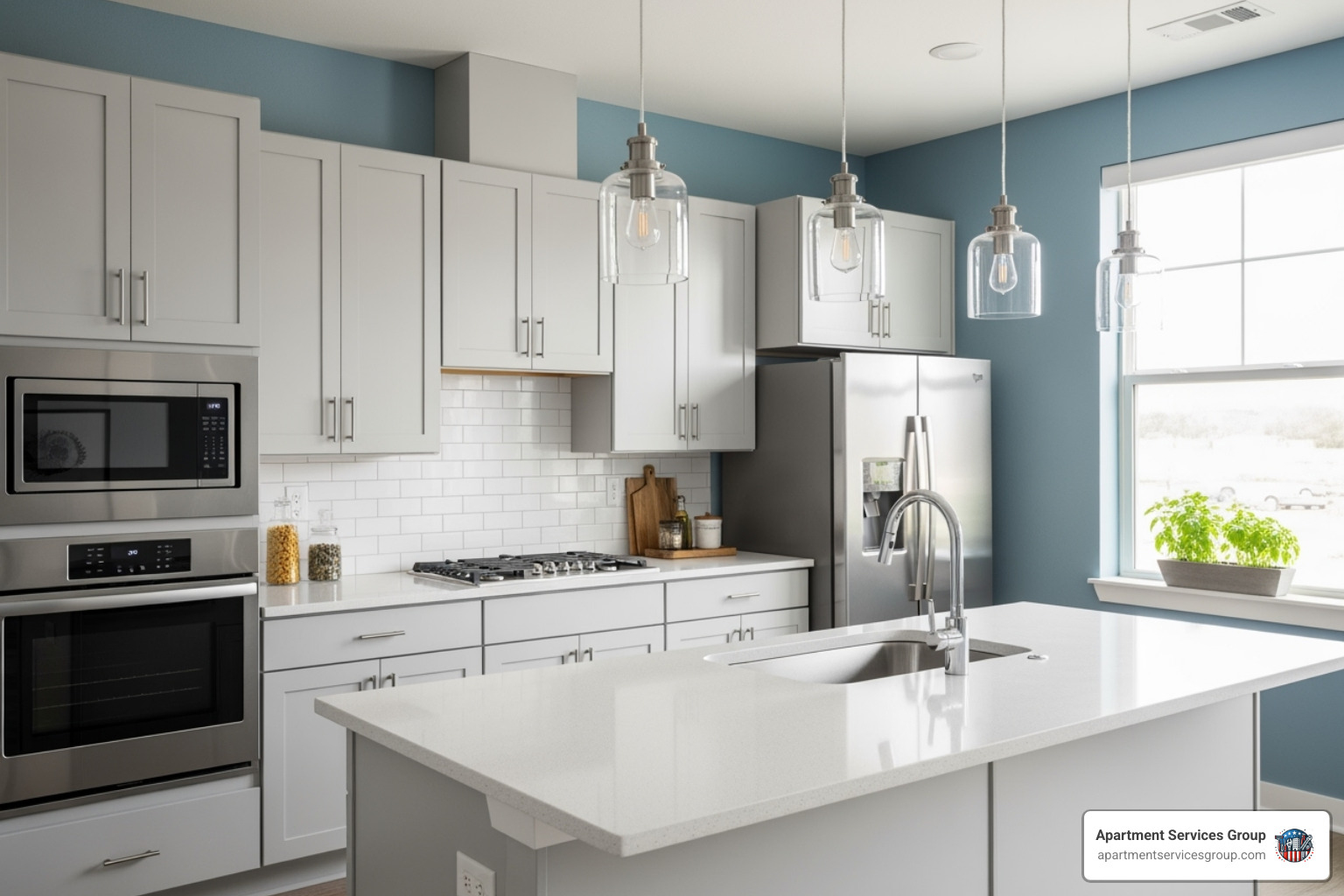 A modern apartment kitchen with a tasteful color scheme, featuring light gray cabinets, a white subway tile backsplash, and a soft blue accent wall, creating a clean and inviting atmosphere. - apartment unit paint color