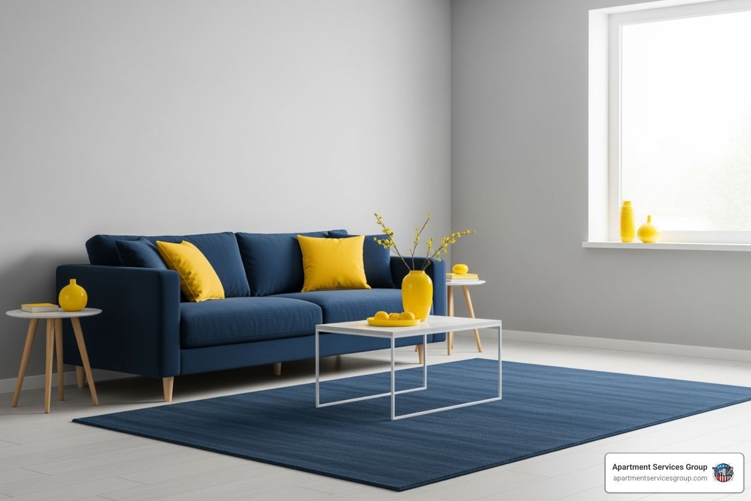 A living room demonstrating the 60-30-10 rule with a dominant light gray wall color (60%), secondary navy blue sofa and rug (30%), and accent yellow throw pillows and decor (10%). - apartment unit paint color