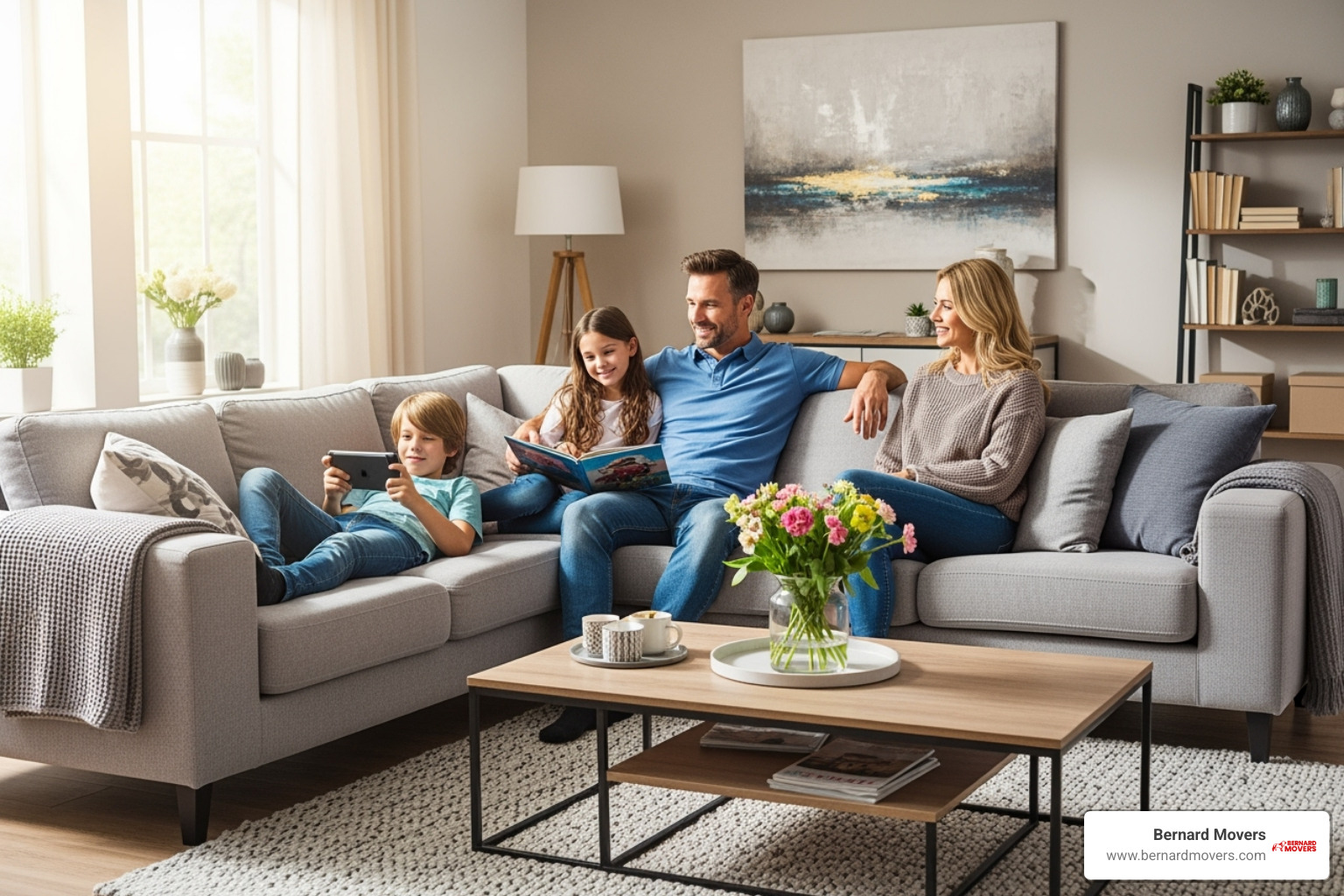 family relaxing in their new, fully furnished living room - Expedited moving services