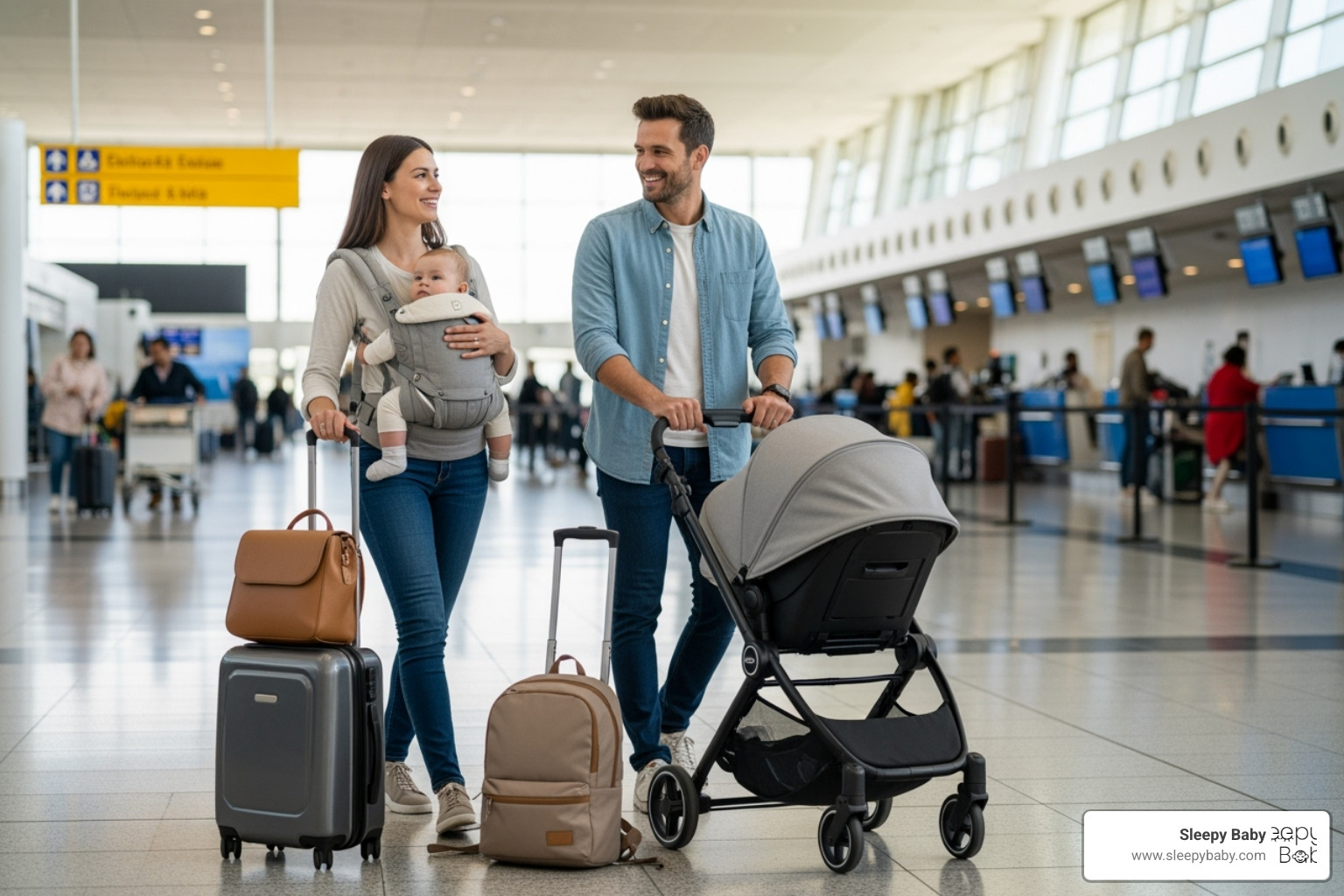 a family easily navigating an airport with a travel stroller and baby carrier - top baby gadgets 2024