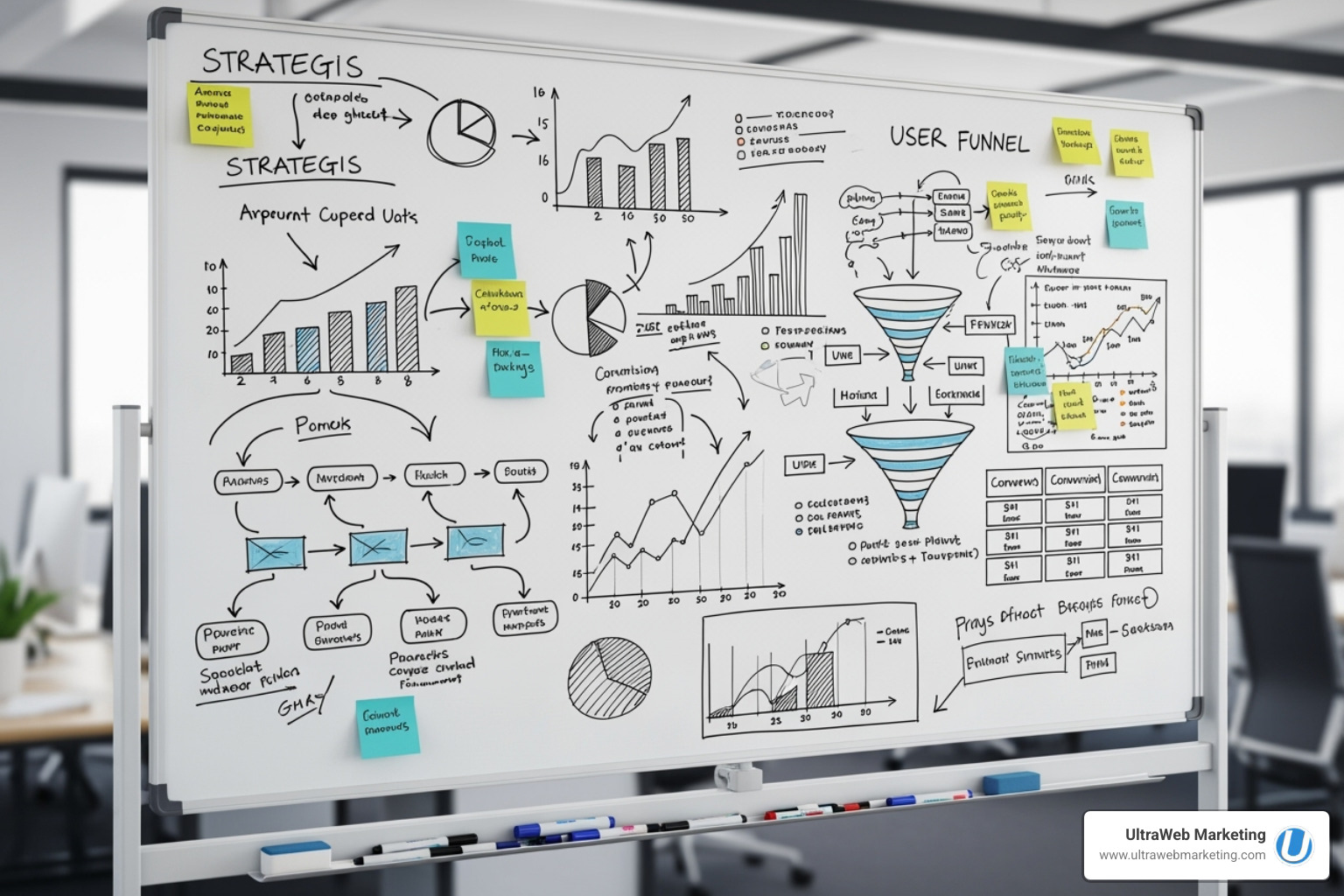 whiteboard covered in strategic notes, graphs, and user funnels - expert digital marketing team whiteboard covered in strategic notes, graphs, and user funnels - expert digital marketing team