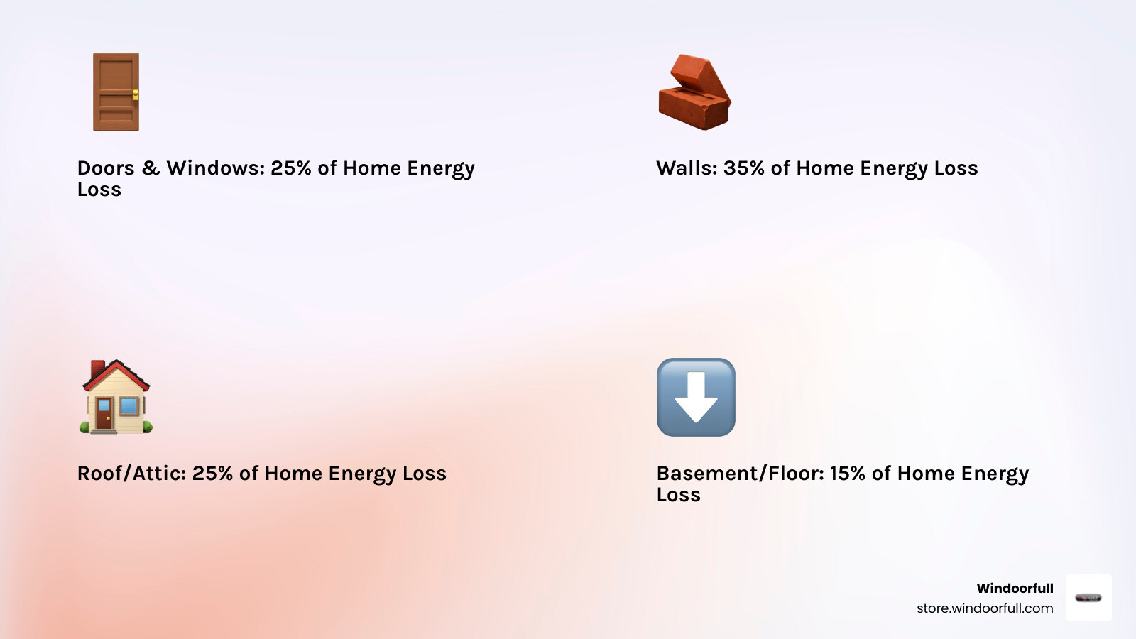 Infographic showing typical home energy loss points with percentages: doors and windows 25%, walls 35%, roof 25%, basement 15%, highlighting the critical role of energy efficient doors in home thermal performance - energy efficient doors infographic 4_facts_emoji_light-gradient