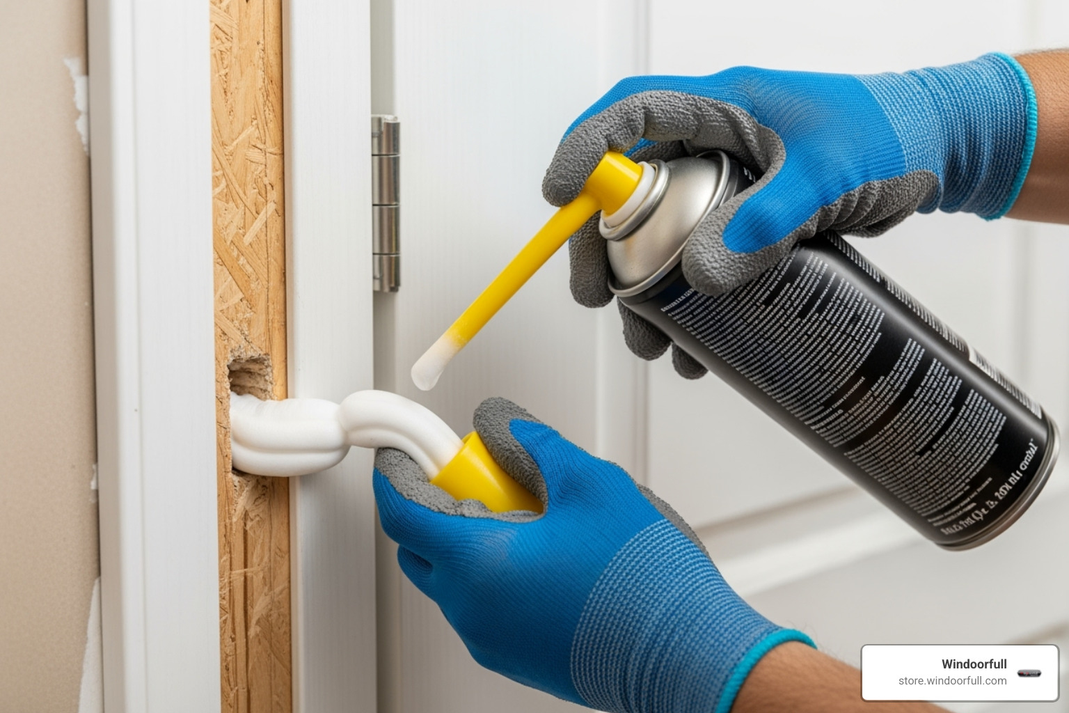 professional installer applying expanding foam around a new door frame - energy efficient doors