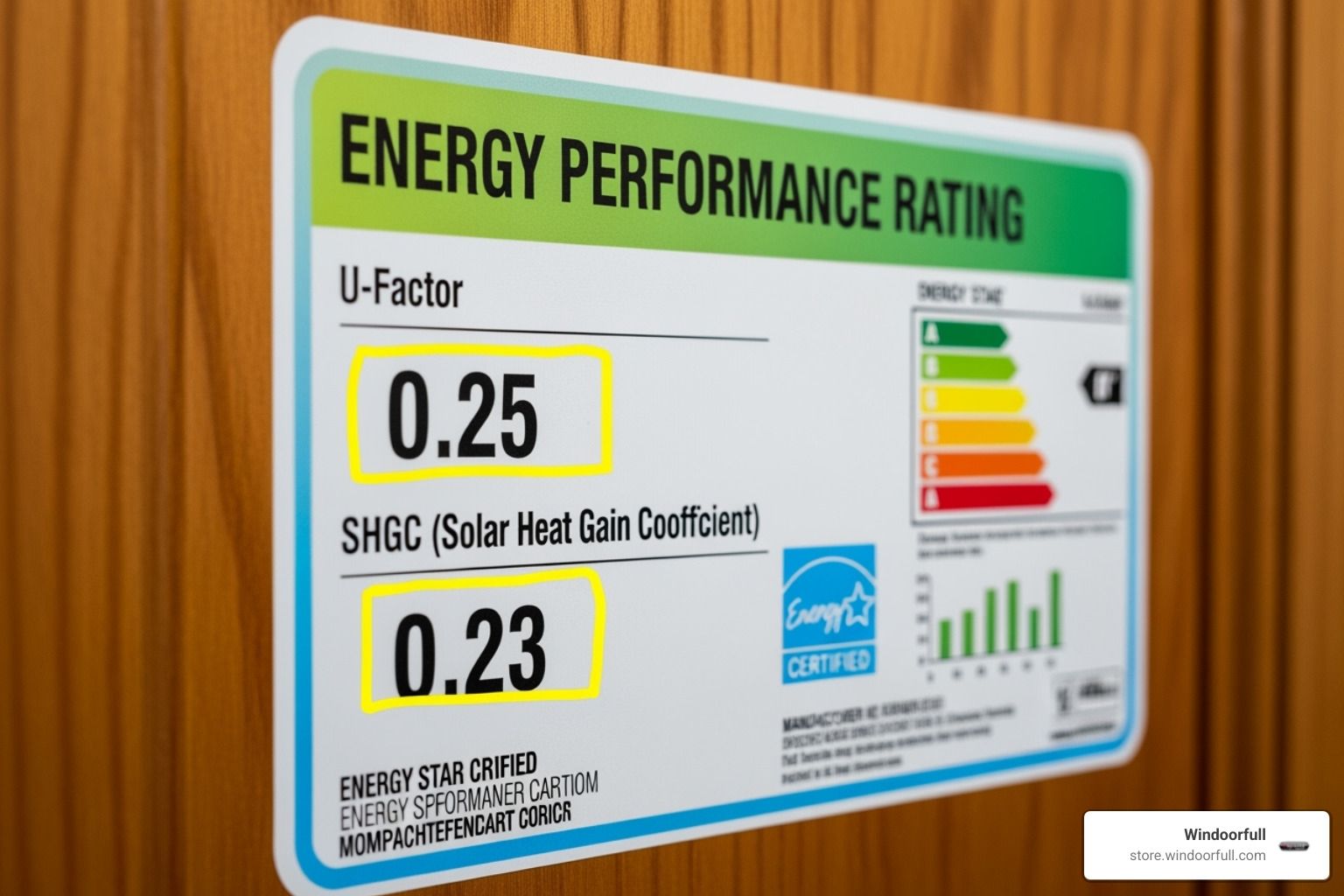 NFRC label on a door, with U-Factor and SHGC circled - energy efficient doors