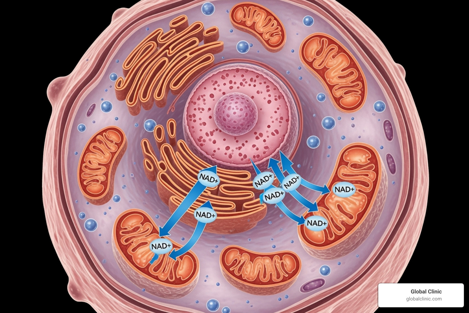showing a diagram of a cell with NAD+ boosting mitochondrial function - nad+ injections benefits